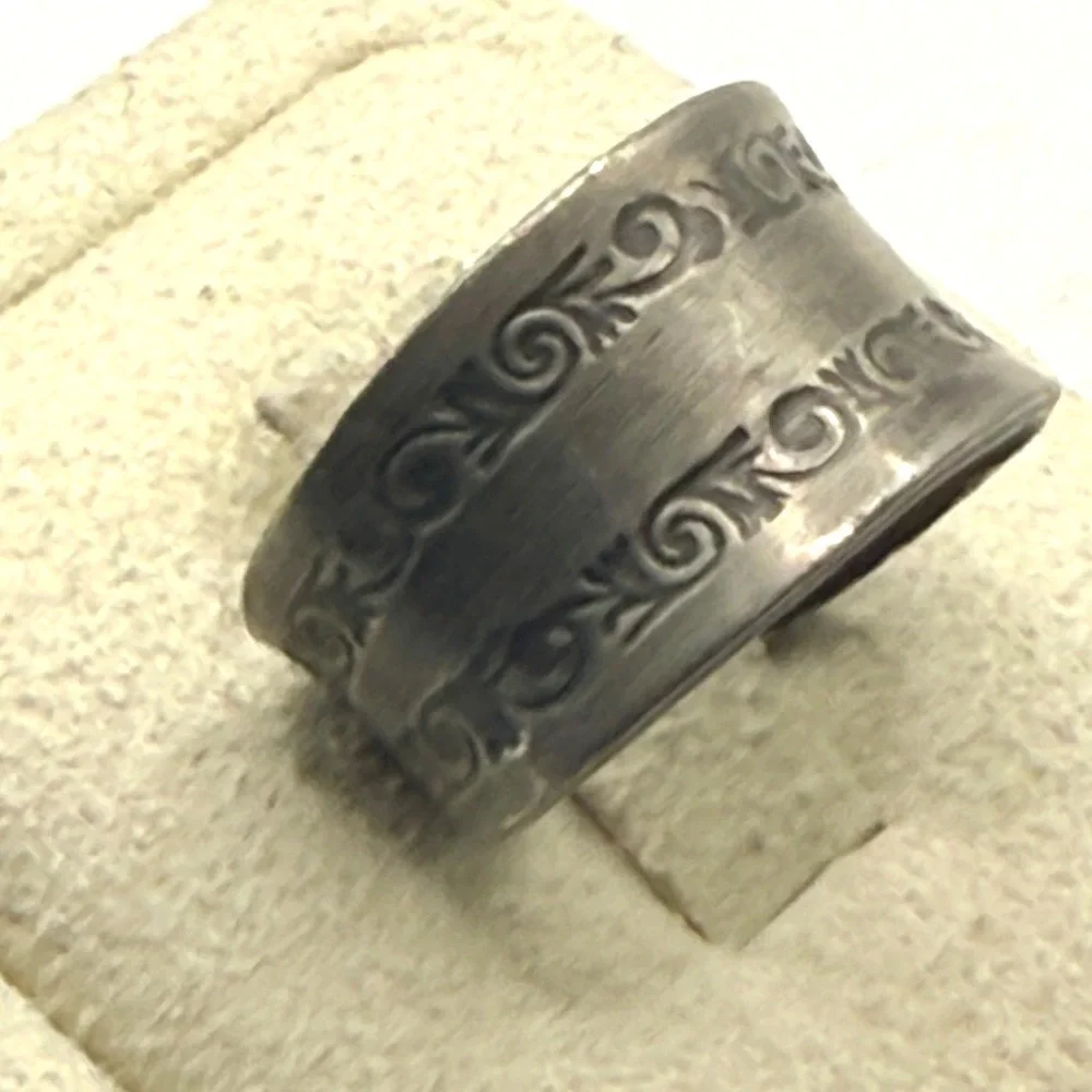 Vintage Etched Scroll Wide Band Adjustable Wrap Ring Silver Tone Boho Statement